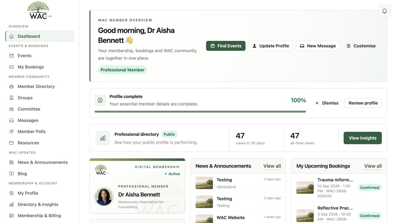 Professional membership dashboard example